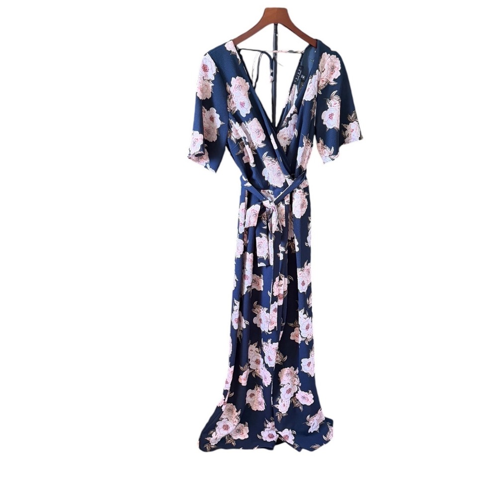 Trixxi Navy Blue Pink Floral Wrap Front Maxi Jumpsuit sz XL V-Neck Sexy Tie Back
